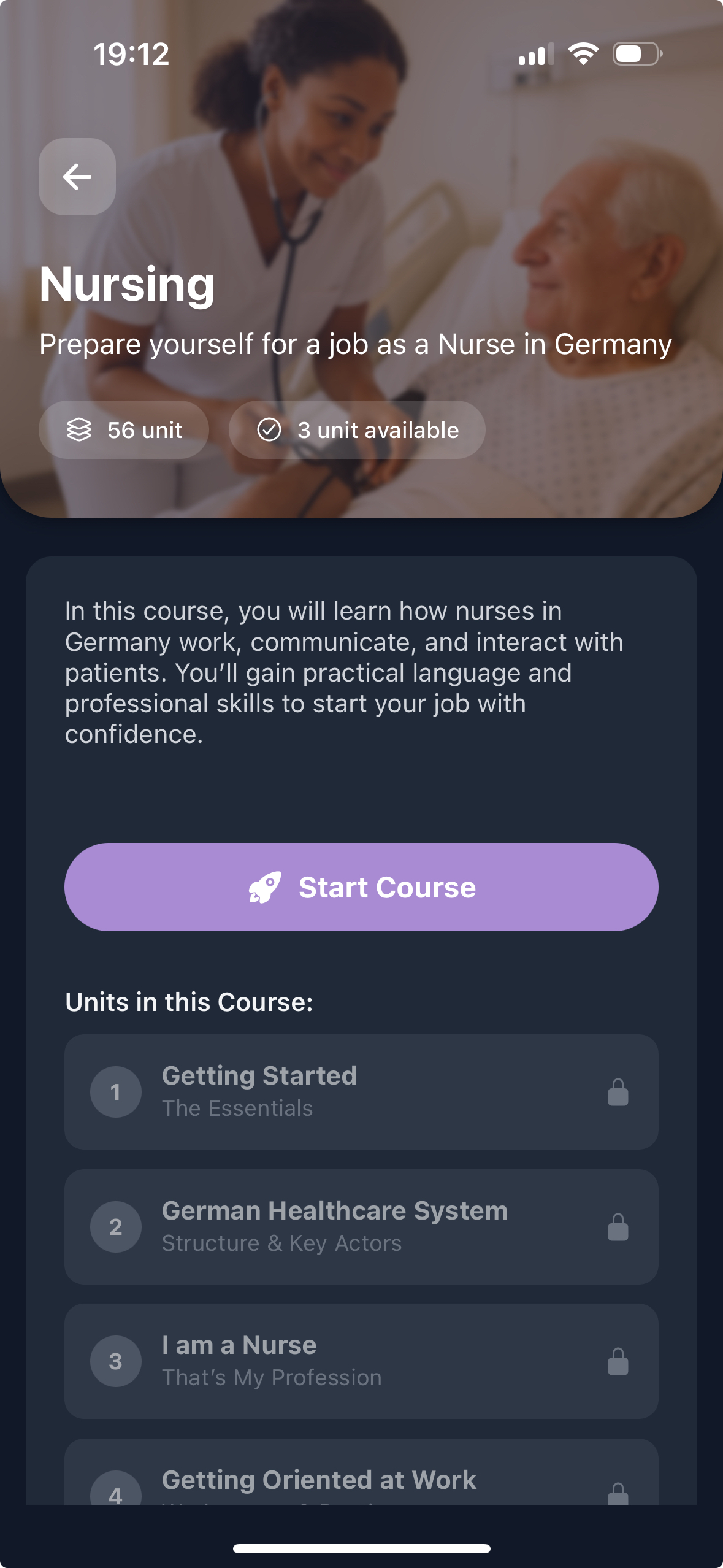 Fluedy-App: Lektionsansicht für German for Nursing