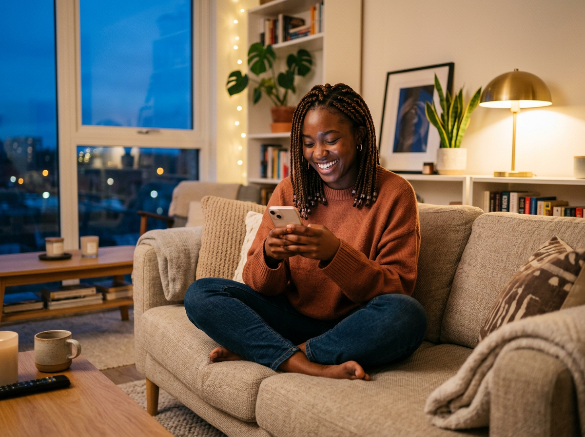 Lernende nutzt Fluedy auf dem Sofa